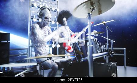 Festa aliena rock sulla nave spaziale. Concerto. Chitarra, basso e drum play. Sfondo di terra. Concetto divertente alieno. rendering 3d. Foto Stock