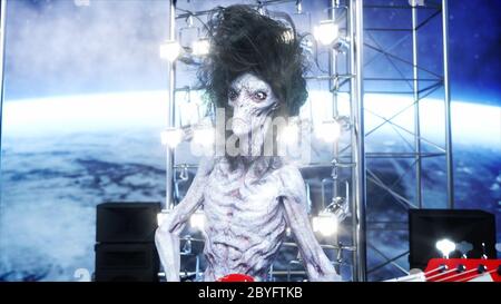 Festa aliena rock sulla nave spaziale. Concerto. Chitarra, basso e drum play. Sfondo di terra. Concetto divertente alieno. rendering 3d. Foto Stock