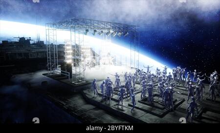 Festa aliena rock sulla nave spaziale. Concerto. Chitarra, basso e drum play. Sfondo di terra. Concetto divertente alieno. rendering 3d. Foto Stock