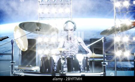 Festa aliena rock sulla nave spaziale. Concerto. Chitarra, basso e drum play. Sfondo di terra. Concetto divertente alieno. rendering 3d. Foto Stock