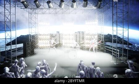 Festa aliena rock sulla nave spaziale. Concerto. Chitarra, basso e drum play. Sfondo di terra. Concetto divertente alieno. rendering 3d. Foto Stock