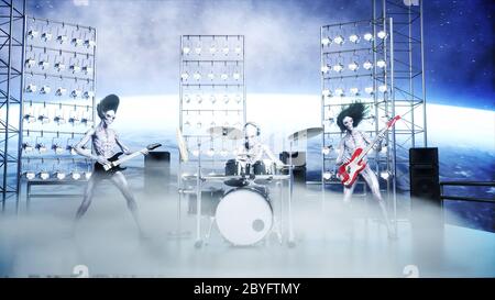 Festa aliena rock sulla nave spaziale. Concerto. Chitarra, basso e drum play. Sfondo di terra. Concetto divertente alieno. rendering 3d. Foto Stock