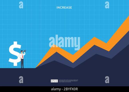 Concetto di performance finanziaria. Aumento del profitto commerciale con la freccia di crescita e il carattere della gente. Reddito tasso di stipendio crescere margine di profitto con il dollaro sy Illustrazione Vettoriale