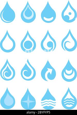 Set di gocce d'acqua con simboli illustrazione vettoriale. Insieme di icone blu e bianche isolate su sfondo bianco Illustrazione Vettoriale
