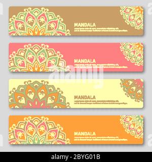 Set di carte gorizontali con mandala disegnata a mano. Stile orientale, Illustrazione Vettoriale