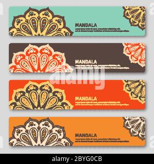 Set di carte gorizontali con mandala disegnata a mano. Stile orientale, Illustrazione Vettoriale