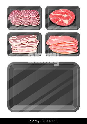 Bistecca di carne con salsiccia in confezione nera in polistirene. Tagliare le fette di salsiccia con grasso. Prosciutto di pancetta affumicato di carne bollito. Prodotto gastronomico di pollo di manzo. Salame pepperoni. Illustrazione vettoriale piatta Illustrazione Vettoriale
