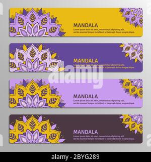 Colorato insieme di striscioni ornamentali con mandala fiore in giallo Illustrazione Vettoriale