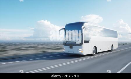 autobus turistico bianco sulla strada, autostrada. Guida molto veloce. Concetto turistico e di viaggio. rendering 3d. Foto Stock