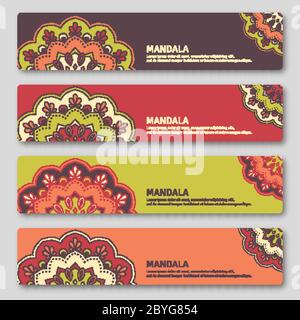 Set di carte gorizontali con mandala disegnata a mano. Stile orientale, Illustrazione Vettoriale