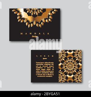 Set di carte d'oro ornamentali da lavoro con mandala e pattern Illustrazione Vettoriale