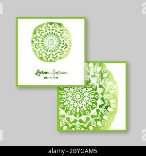 Set di due carte quadrate con mandala disegnata a mano e acquerello b Illustrazione Vettoriale