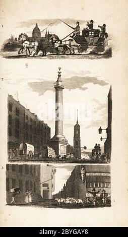 Coach sul palco, il Monument e il Pie Corner. Pullman a quattro cavalli di fronte alla Cattedrale di San Paolo 1, al Monumento al fuoco di Londra a Fish Street Hill 2 e figura di un ragazzo al Pie Corner a West Smithfield 3. Incisione di un taglio di legno dopo un'illustrazione di Isaac Taylor da scene di città, o un Peep in Londra, da Ann Taylor e Jane Taylor, pubblicato da Harvey e Darton, Gracechurch Street, Londra, 1828. Le sorelle inglesi Ann e Jane Taylor erano prolifici poeti romantici e scrittori di libri per bambini agli inizi del XIX secolo. Foto Stock