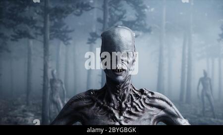 mostro spaventoso nella foresta di notte della nebbia. Paura e orrore. Concetto di Mistico e ufo. rendering 3d. Foto Stock