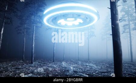 UFO in nebbia notte foresta. Atterraggio luogo. rendering 3d. Foto Stock