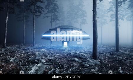 UFO in nebbia notte foresta. Atterraggio luogo. rendering 3d. Foto Stock