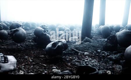 Spaventoso vecchi teschi nella foresta di notte della nebbia. Paura e orrore. Concetto di mistica e apocalisse. rendering 3d. Foto Stock