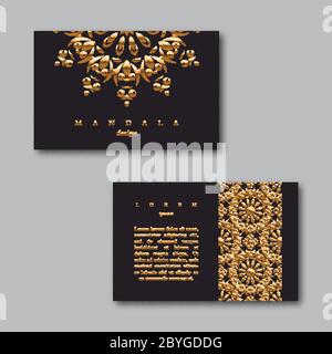 Set di carte d'oro ornamentali da lavoro con mandala e pattern Illustrazione Vettoriale