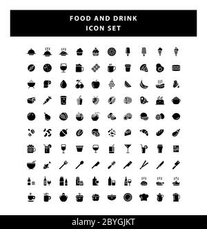 Set di icona di cibi e bevande con vettore di disegno stile glifo Illustrazione Vettoriale