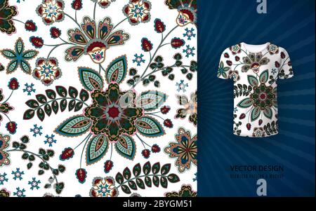 Sfondo floreale senza cuciture. Fantasy fiori motivo, utilizzato sulla t-shirt mock up. Design per stampe, carta da parati, tessuti. Illustrazione vettoriale. Marrone blu Illustrazione Vettoriale