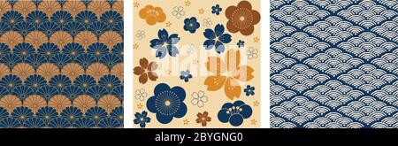 Sfondo giapponese con fiore di ciliegio e vettore di pattern ondulato. Design da cartolina floreale in stile vintage. Illustrazione Vettoriale