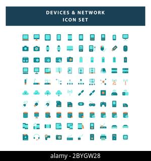 Set di dispositivi e icona di rete con vettore di progettazione a forma piatta Illustrazione Vettoriale