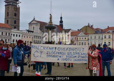 Protesta di milioni di momenti per la democrazia ONG contro le iniziative del governo non solo durante l'epidemia di coronavirus inizia a Ceske Budejovice, Repubblica Ceca, Foto Stock