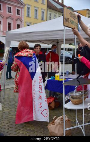 Protesta di milioni di momenti per la democrazia ONG contro le iniziative del governo non solo durante l'epidemia di coronavirus inizia a Ceske Budejovice, Repubblica Ceca, Foto Stock