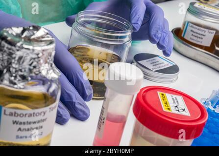 Analisi scientifica del campione di acque reflue in laboratorio, indagine di possibile contaminazione da parte di Sars-Cov-2 nell'uomo, immagine concettuale Foto Stock