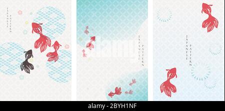 Sfondo giapponese con vettore di pesce oro. Pattern asiatico con elementi icona. Acqua e fiume modello in stile vintage. Illustrazione Vettoriale
