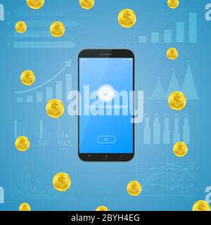Trasferimenti di denaro. Illustrazione vettoriale dello smartphone con notifica di pagamento riuscita sullo schermo Illustrazione Vettoriale