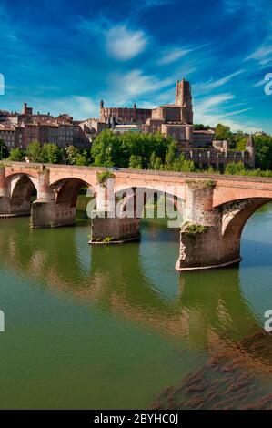 Albi. Ponte vecchio (le pont vieux) e cattedrale di Santa Cecilia, fiume Tarn, dipartimento di Tarn, Francia, Europa Foto Stock