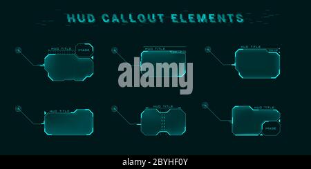 Interfaccia della schermata di callout in stile HUD. Set di interfacce utente futuristiche. Layout digitale moderno del pannello di controllo e menu utente HUD, GUI, UI Illustrazione Vettoriale