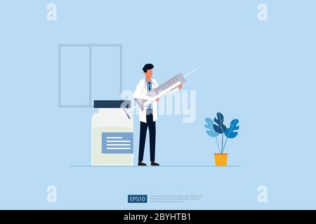 Tempo di vaccinare il concetto con il medico, iniezione medica e flaconcino di medicina. Vaccino trattamento flacone di medicina per l'infezione da coronavirus. COVID-19 V. Illustrazione Vettoriale
