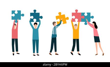 Lavoro di squadra efficace. Persone che mettono insieme pezzi di puzzle su sfondo bianco, illustrazione vettoriale in stile piatto Illustrazione Vettoriale