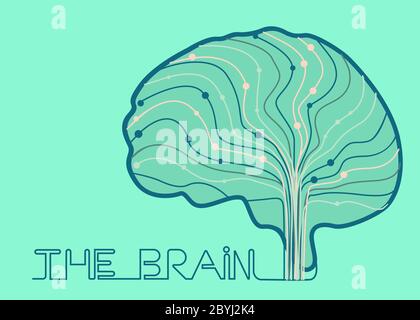Creatività e intelligenza. Cervello umano con segnali elettrici su sfondo blu, illustrazione vettoriale in stile piatto Illustrazione Vettoriale