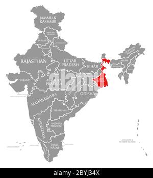 Il Bengala Occidentale ha evidenziato in rosso nella mappa di India Foto Stock