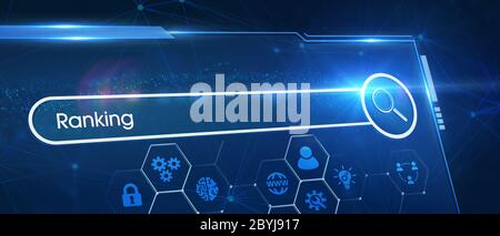 Business, tecnologia, Internet e concetto di rete. Giovane uomo d'affari che lavora su uno schermo virtuale del futuro e vede l'iscrizione: Classifica Foto Stock