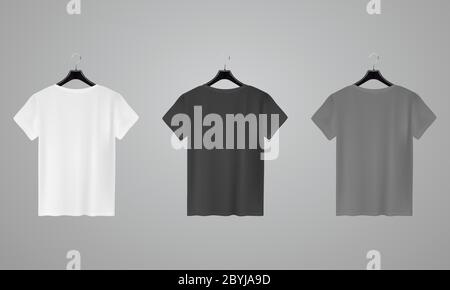 Set realistico per il mock-up della camicia. Modello T-shirt. Versione bianca, nera e grigia, vista frontale. Illustrazione Vettoriale