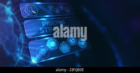 Business, tecnologia, Internet e concetto di rete. Giovane uomo d'affari mostra la parola sul display virtuale del futuro: Strategia di prezzi Foto Stock