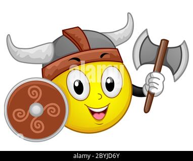 Illustrazione di un guerriero Smiley Viking che indossa cappello e scudo di tenuta e Axe su due lati Foto Stock