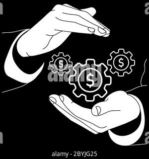 Le mani stanno tenendo un ingranaggio con soldi, o un'icona del logo piatto della fattura del dollaro in colore bianco su uno sfondo nero isolato. Vettore EPS 10. Illustrazione Vettoriale