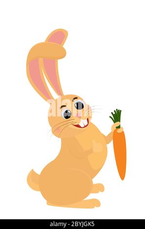 Coniglio arancione cartoon con carote. Lepre sorridente isolato su sfondo bcl. Illustrazione di una dieta sana, cura dentale. Illustrazione Vettoriale