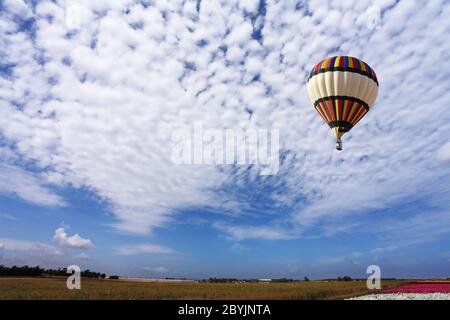 Il pallone con un cesto vola da sopra i campi Foto Stock