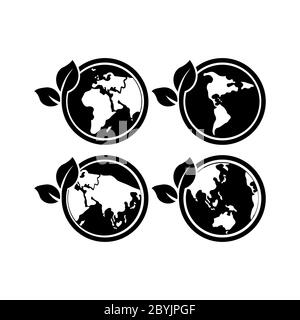 World Environmental, salvando log o ecologia su tutti i pianeta Set icona in nero su uno sfondo bianco isolato. Vettore EPS 10. Illustrazione Vettoriale