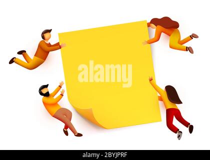 Persone che volano intorno vuoto giallo appiccicoso nota. Concetto di squadra. Illustrazione vettoriale piatta moderna. Illustrazione Vettoriale