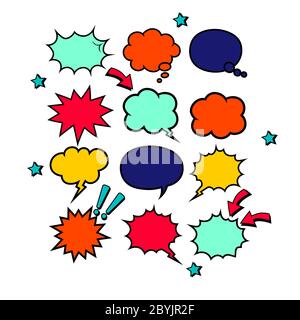 Fumetti vuoti retrò in colori luminosi o parole e icone di pensiero impostati su sfondo bianco isolato. Stile pop art, design vintage. Vettore EPS 10. Illustrazione Vettoriale