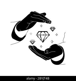 Logo con le mani che tengono valori, diamanti o valori chiave aziendali in un design nero su uno sfondo bianco isolato. Vettore EPS 10. Illustrazione Vettoriale