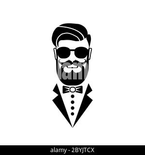 Logo con icona Barbiere o Hipster in colore nero isolato su sfondo bianco. EPS vettoriale 10 Illustrazione Vettoriale
