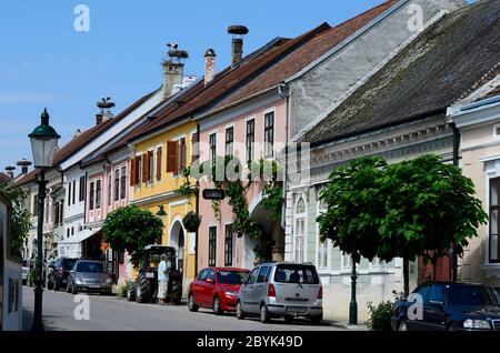 Rust, Austria - 23 luglio 2012: Nidi di uccelli diversi con cicogne bianche sui tetti del villaggio Rust sul lago Neusiedler in Burgenland, questa zona è kno Foto Stock